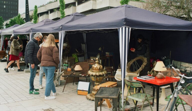 Explore vibrant market stalls in Nancy, Grand Est, France, with diverse antiques and shoppers.