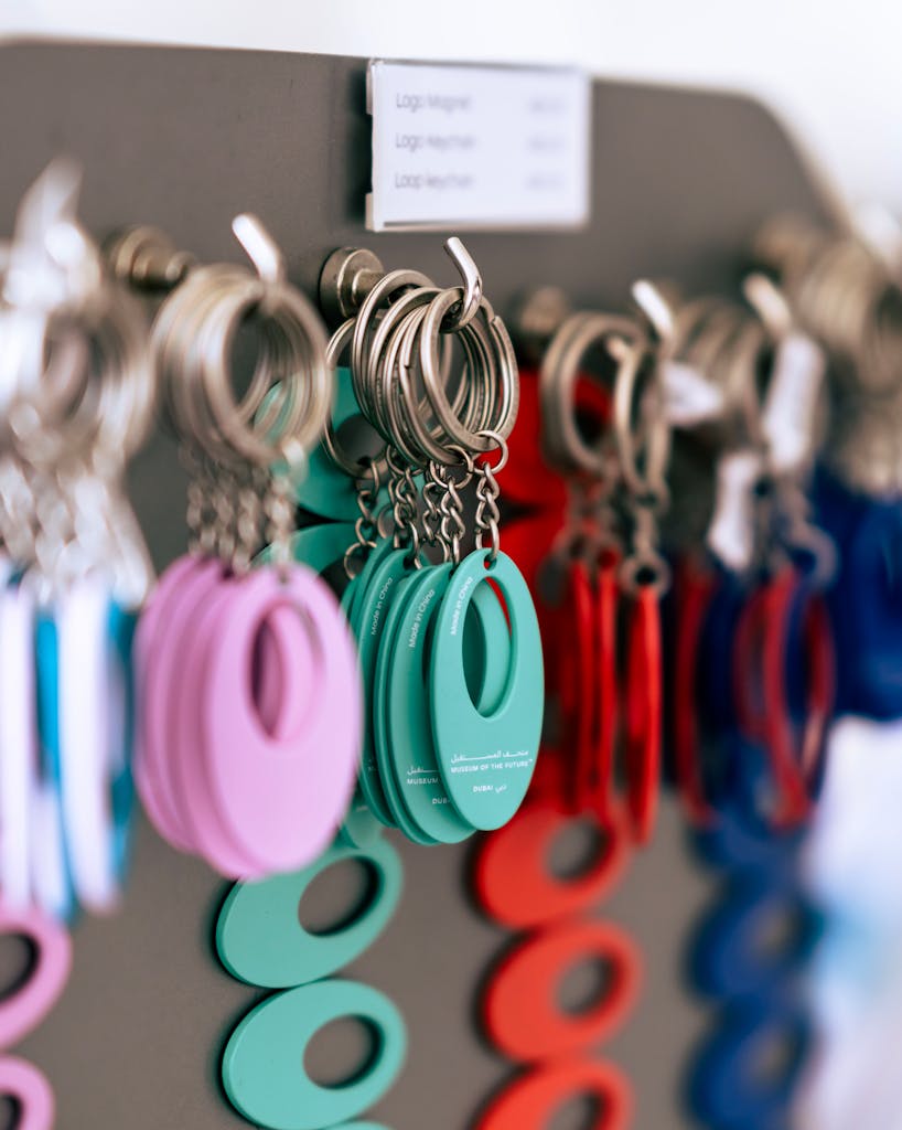 Vibrant key chains hanging on a retail display in Dubai store.